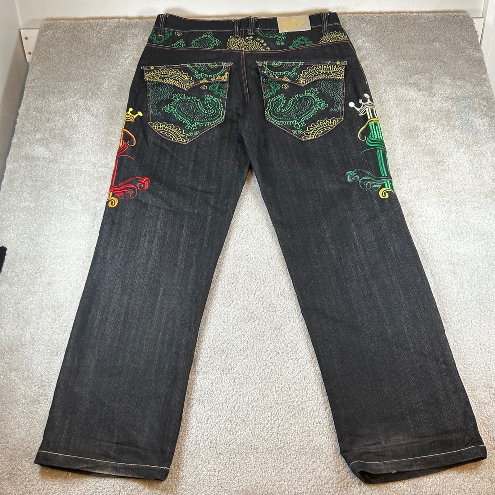 Raw Blue Jeans Mens 40x34 Black Embroidered Paisley Crown Baggy Wide‎ Leg Denim